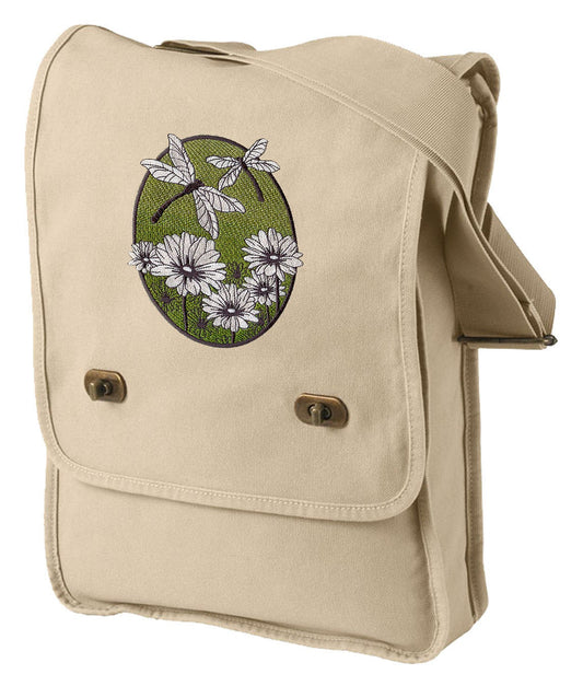 Spring Dragonfly Oval Embroidered Canvas Field Bag