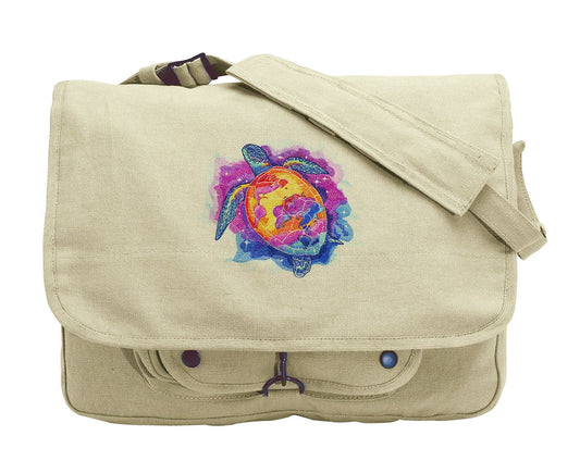 Celestial Sea Turtle Embroidered Canvas Messenger Bag