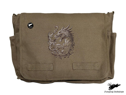 Baroque Scrollwork Dragon Embroidered Classic Canvas Messenger Bag