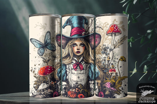 Whimsical Alice Portrait Tumbler – 20oz Sublimated Cup with Storybook Icons | Vintage Gothic Wonderland Art | Customizable Gift