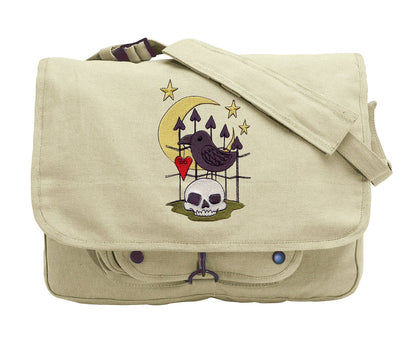 Raven and Skull Embroidered Canvas Messenger Bag
