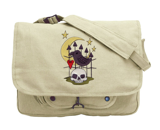 Raven and Skull Embroidered Canvas Messenger Bag