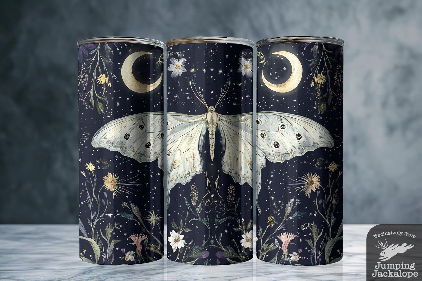 Stardust Waltz Moth Tumbler – Fantasy Floral Moon Moth Travel Cup