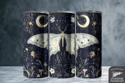 Stardust Waltz Moth Tumbler – Fantasy Floral Moon Moth Travel Cup