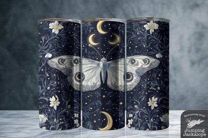 Mystical Moth & Moon Tumbler – 20oz Celestial Moth with Crescent Moon and Stars | Cottagecore Gothic