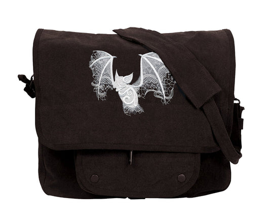 Ghost Baroque - Bat Embroidered Canvas Messenger Bag, Bat Bag, Bat Messenger Bag