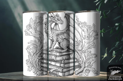 Spellbound Dragon Line Art Tumbler – 20oz Hand-Drawn Fantasy Book Guardian | Black & White Illustration Style