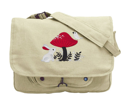 A Curious Find - Rabbit Bird Mushroom Embroidered Canvas Messenger Bag