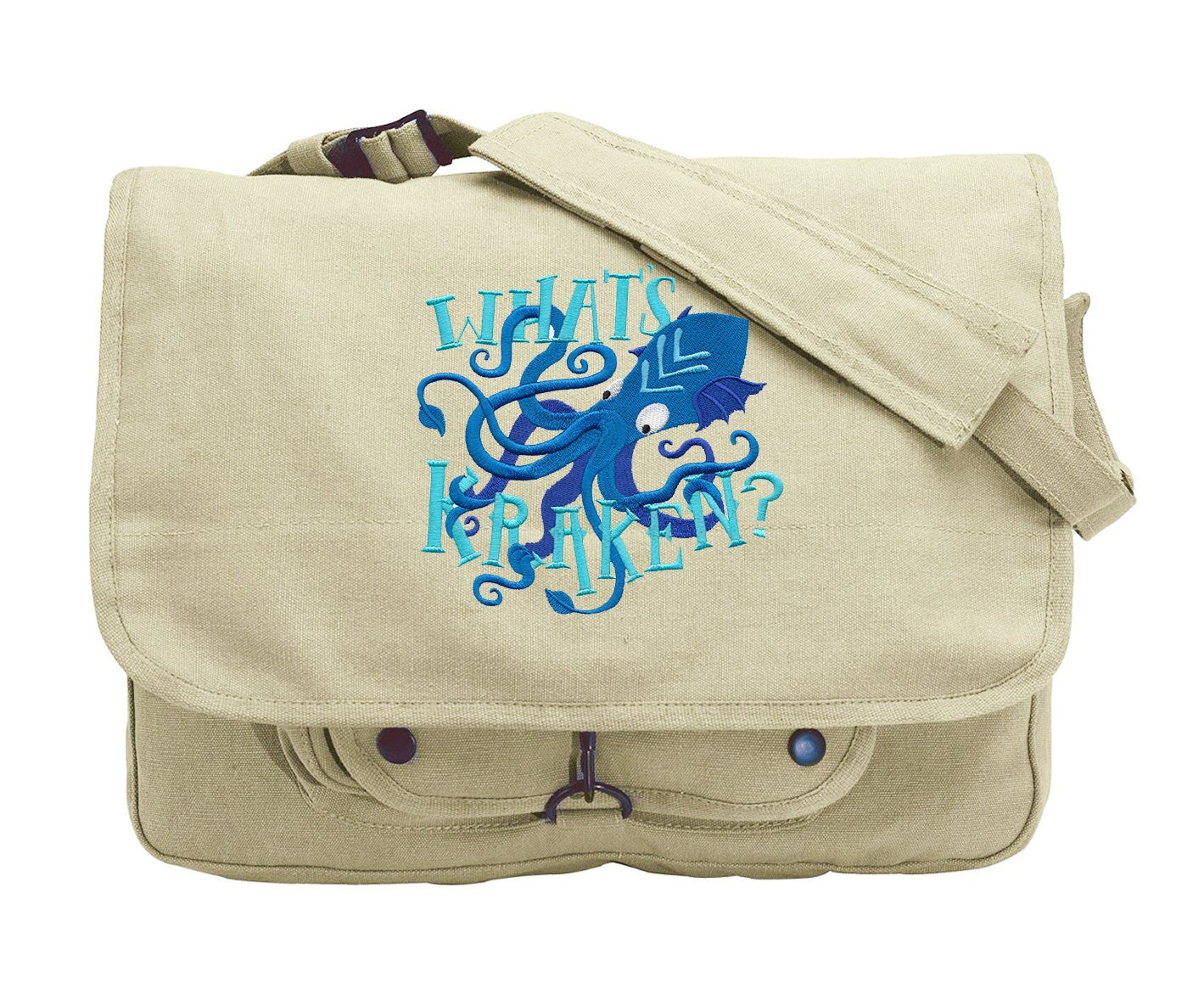 Octopus Messenger Bag, Kraken Messenger Bag, What's Kraken? Embroidered Canvas Messenger Bag Style 1
