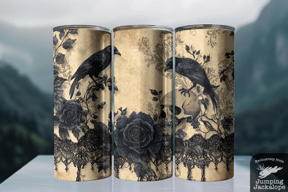 Dark Romance Raven Tumbler – 20oz Skull & Black Rose Lace Cup | Gothic Macabre Drinkware