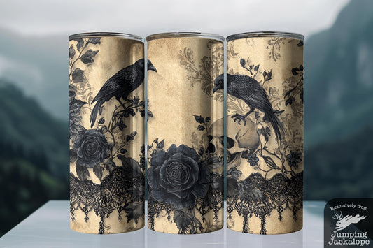 Dark Romance Raven Tumbler – 20oz Skull & Black Rose Lace Cup | Gothic Macabre Drinkware
