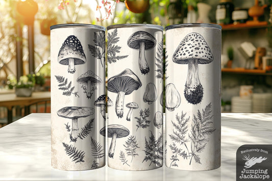 Black & White Fungi Study Tumbler – Nature Sketch Toadstool Wrap