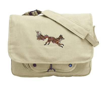 Fox in Baroque with Flowers Embroidered Canvas Messenger Bag