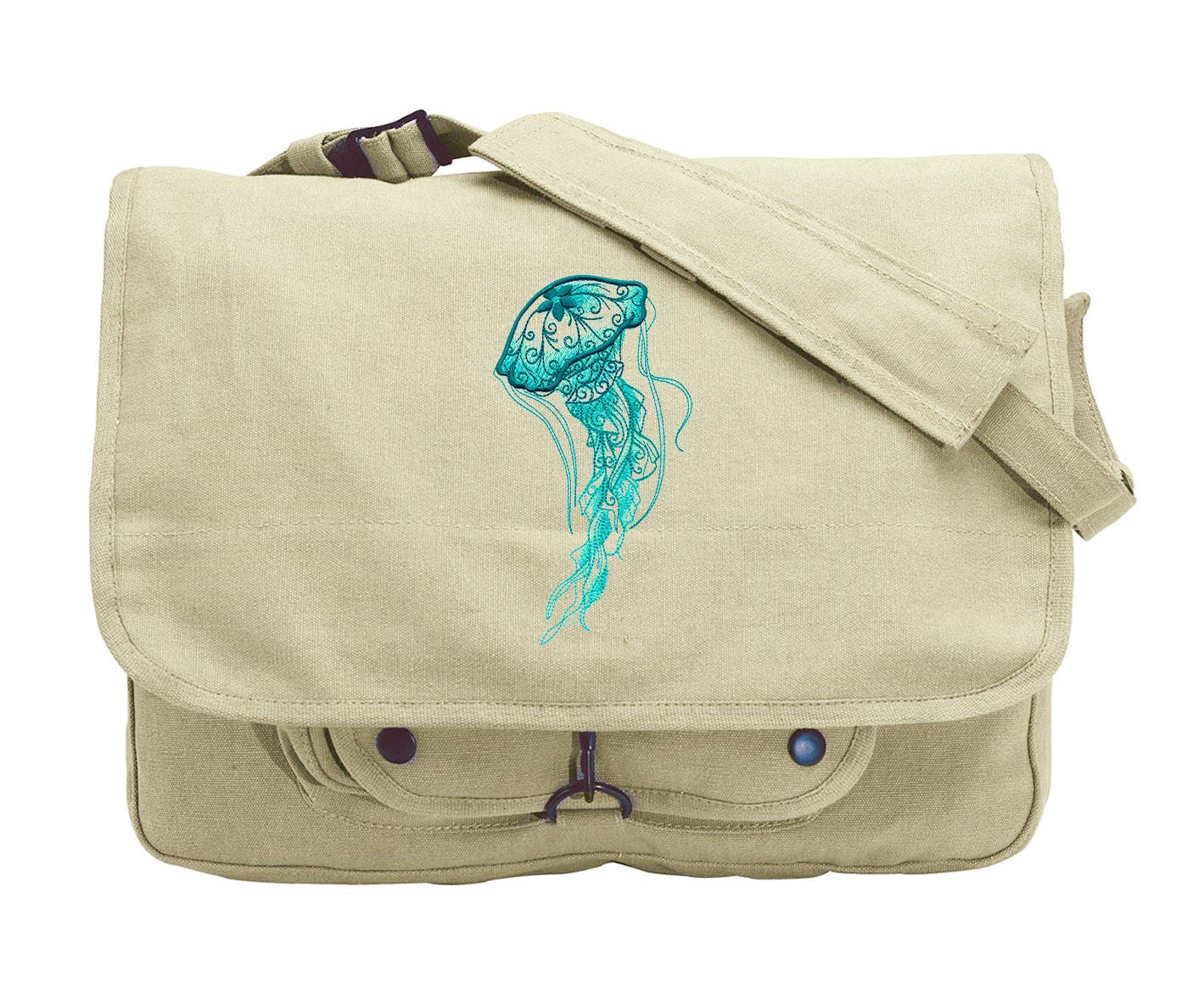 Aqua Marine - Jellyfish Embroidered Canvas Messenger Bag