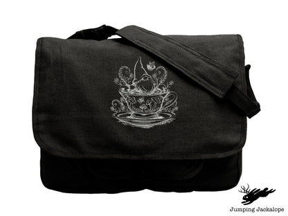 A Day at the Spa Teacup Gnome, Gnome Embroidered Canvas Messenger Bag, Gnome Bag