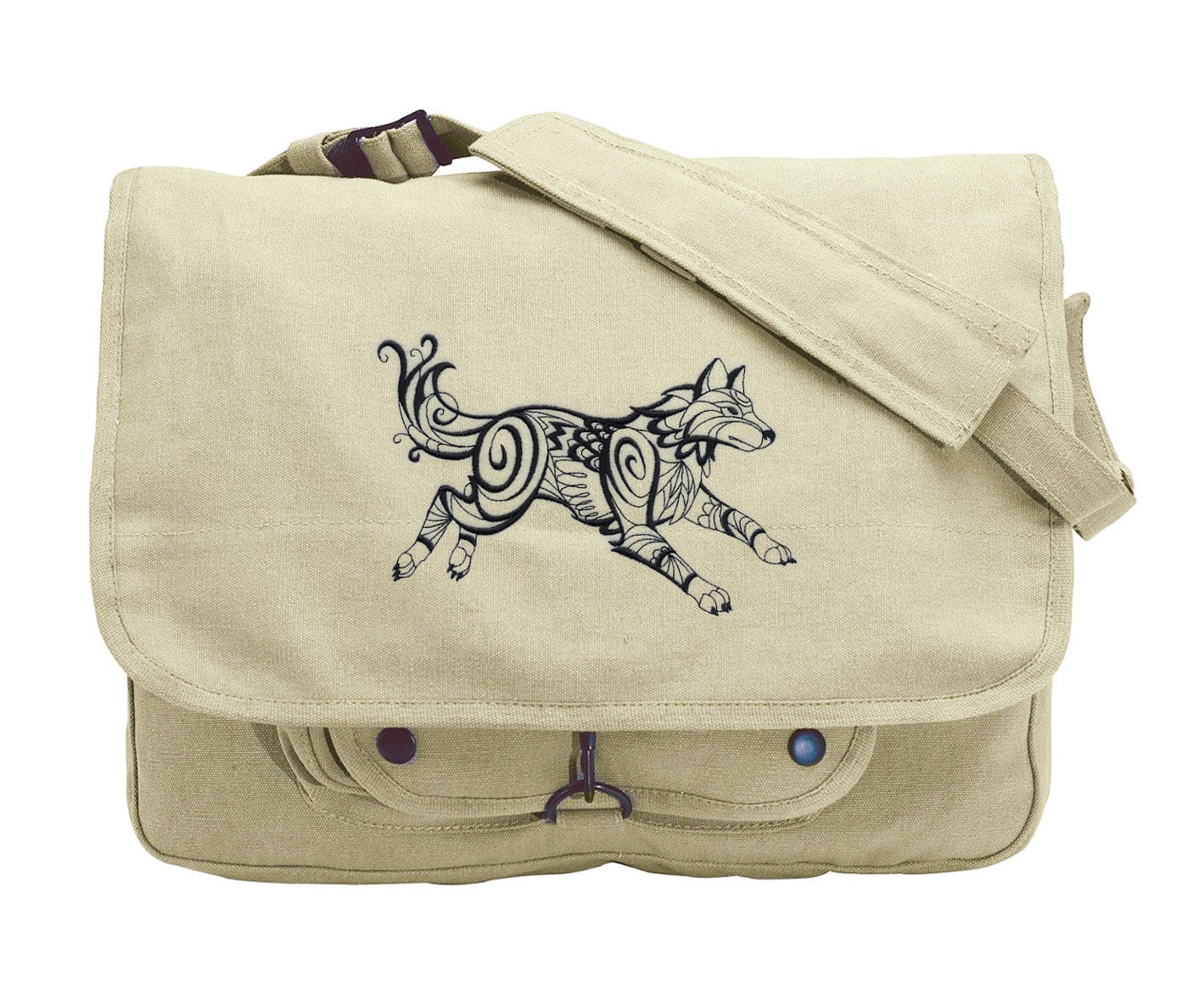 North Wind Wolf (Blackwork) Embroidered Canvas Messenger Bag