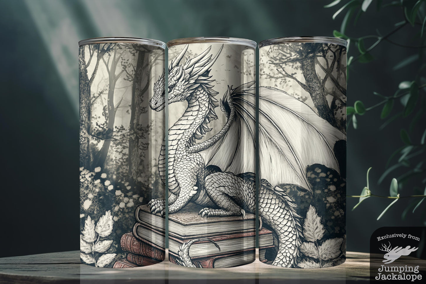 Moonlit Dragon Watcher Tumbler – 20oz White Forest Guardian with Books | Gothic Storybook Fantasy Art