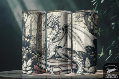 Moonlit Dragon Watcher Tumbler – 20oz White Forest Guardian with Books | Gothic Storybook Fantasy Art