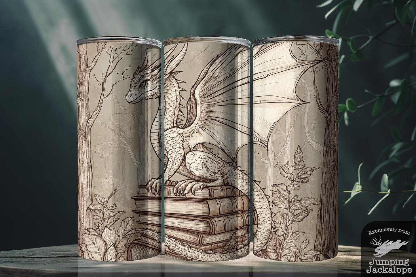 Mystic Forest Guardian Tumbler – 20oz Sepia Dragon with Books | Fantasy Woodland Drinkware