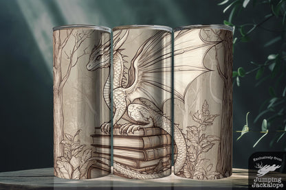 Mystic Forest Guardian Tumbler – 20oz Sepia Dragon with Books | Fantasy Woodland Drinkware