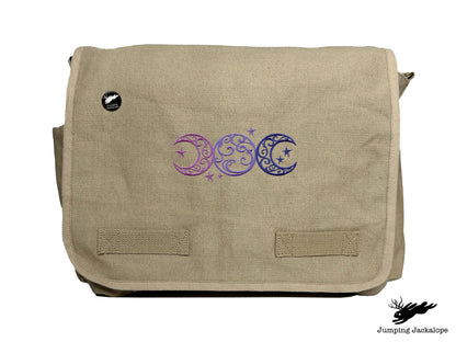Triple Moon Design Embroidered Classic Canvas Messenger Bag,