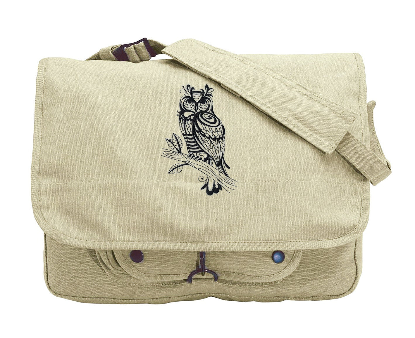Sage Owl Embroidered Canvas Messenger Bag