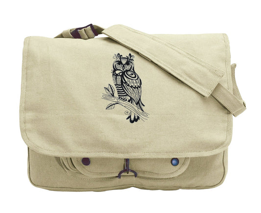 Sage Owl Embroidered Canvas Messenger Bag