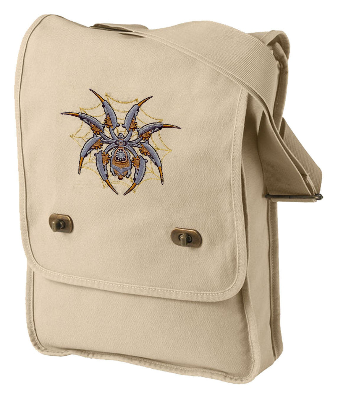 Spider Steampunk Bag, Anachronistic Arachnid Embroidered Cotton Canvas Field Bag