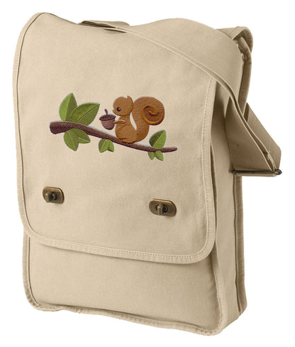 Squirrel and His Nut Embroidered Canvas Field Bag