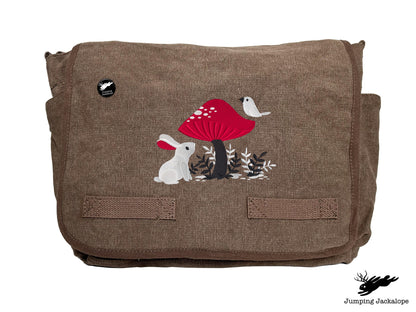 A Curious Find Bunny and Mushroom Design Embroidered Classic Canvas Messenger Bag