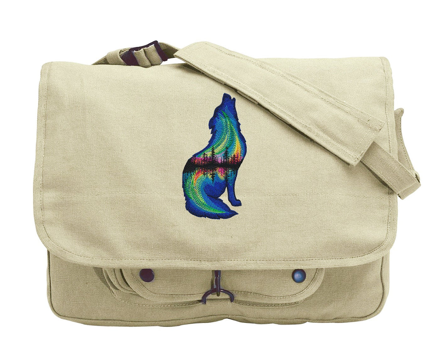 Northern Lights Wolf Embroidered Canvas Messenger Bag