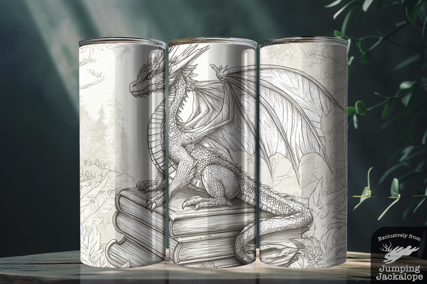 Monochrome Dragon Sketch Tumbler – 20oz Vintage Book Guardian | Line Art Fantasy Illustration Drinkware