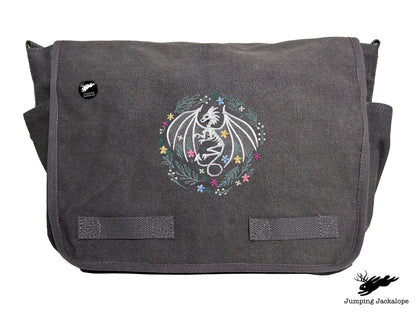 Floral Dragon Skeleton Embroidered Classic Canvas Messenger Bag