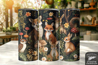 Woodland Animal Tumbler – Foxes, Bunnies & Owls in Night Forest Illustration