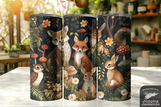 Woodland Animal Tumbler – Foxes, Bunnies & Owls in Night Forest Illustration