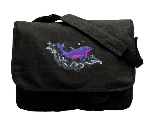 Celestial Dolphin Embroidered Canvas Messenger Bag