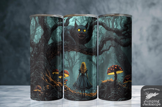 Gothic Grin Tumbler – Alice & Cheshire Cat Among Mushrooms | 20oz Vintage Fantasy Drinkware
