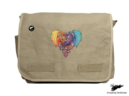 Intertwined Rainbow Heart Dragons Embroidered Classic Canvas Messenger Bag