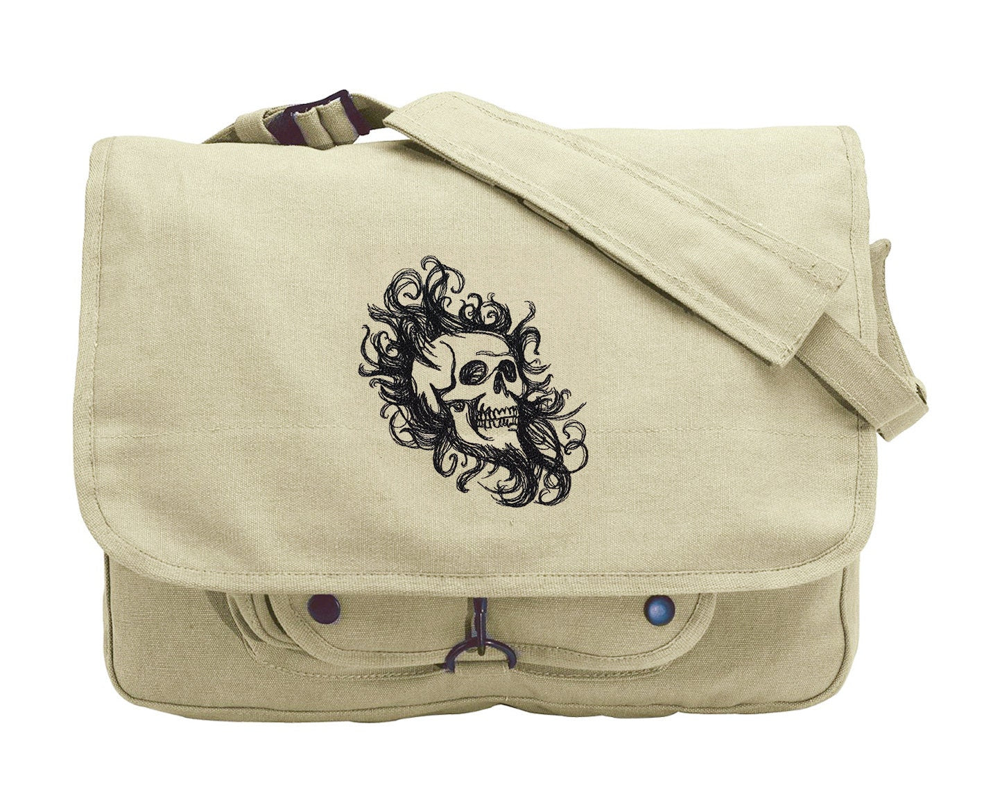 Skull in Swirls Embroidered Canvas Messenger Bag