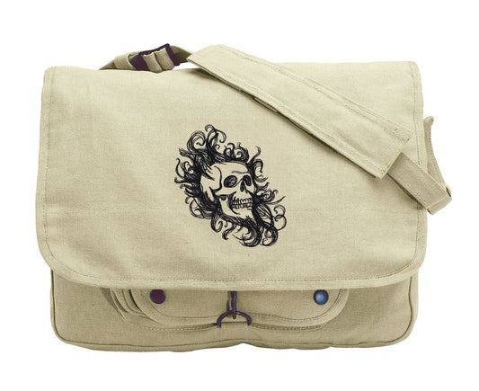 Skull in Swirls Embroidered Canvas Messenger Bag
