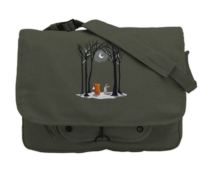 Moonlit Winter Fox and Rabbit Moon Embroidered Canvas Messenger Bag