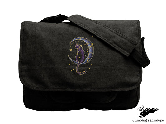 Under the Stars Kitty Embroidered Canvas Messenger Bag,  Cat Bag, Cat Moon Bag