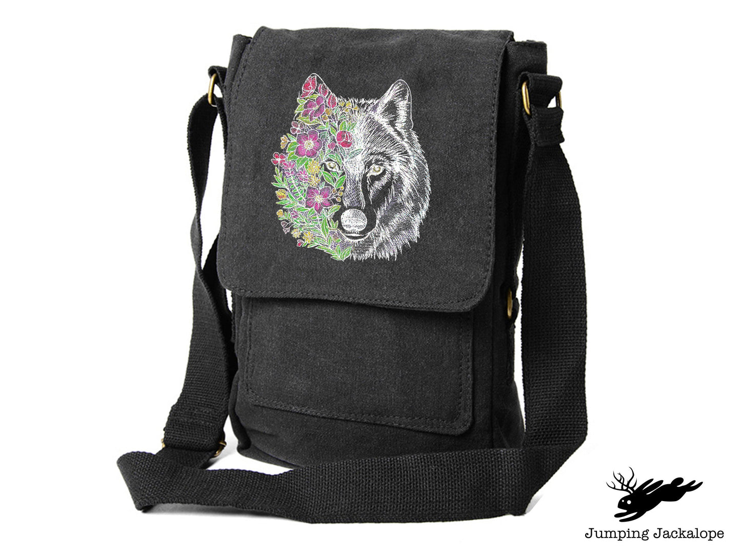 Wolf in Flowers Embroidered Canvas Tech, Tablet, iPad, Kindle, Fire, Camera Bag