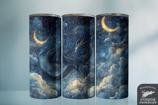 Nightfall Guardian Tumbler – 20oz Blue Celestial Dragon Cup | Stars & Crescent Moons Art