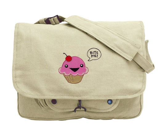 Bite Me! Cupcake Embroidered Canvas Messenger Bag