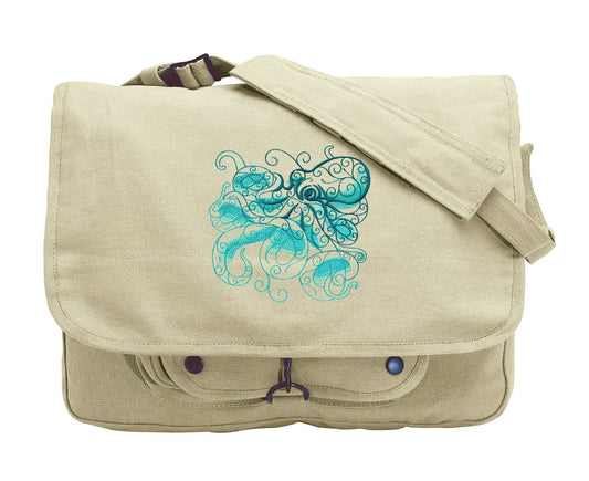 Aqua Marine - Octopus Embroidered Canvas Messenger Bag