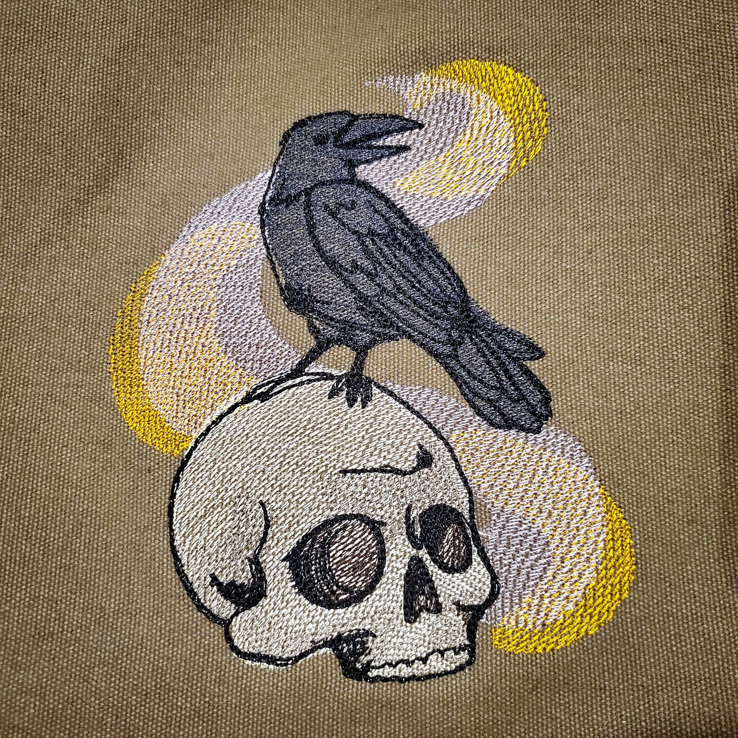 Painted Skull and Raven Embroidered Canvas Messenger Bag