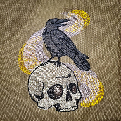 Painted Skull and Raven Embroidered Canvas Messenger Bag