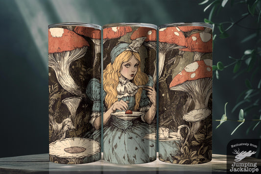 Dark Alice in Wonderland Tumbler – 20oz Gothic Forest Tea Scene | Sublimated Cup with Straw & Lid | Customizable Fantasy Gift