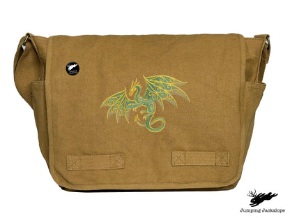 a brown messenger bag with a dragon on it